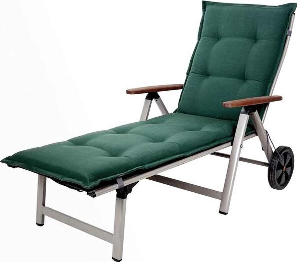 A green chaise lounge with a padded cushion and wooden armrests, shown against a white background. The chaise lounge has wheels at the back for portability.