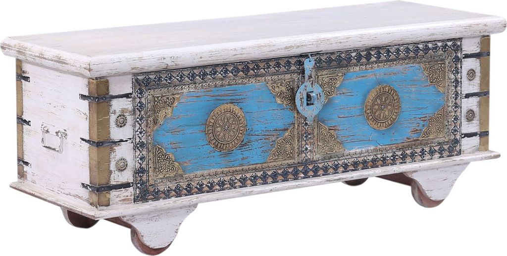 Marrakesch Vintage Deko Sitzbank mit Stauraum aus Holz 115cm groß | Truhe Holzkiste mit Deckel Murali als Schlafzimmer Wohnzimmer Möbel | Bank Sc...