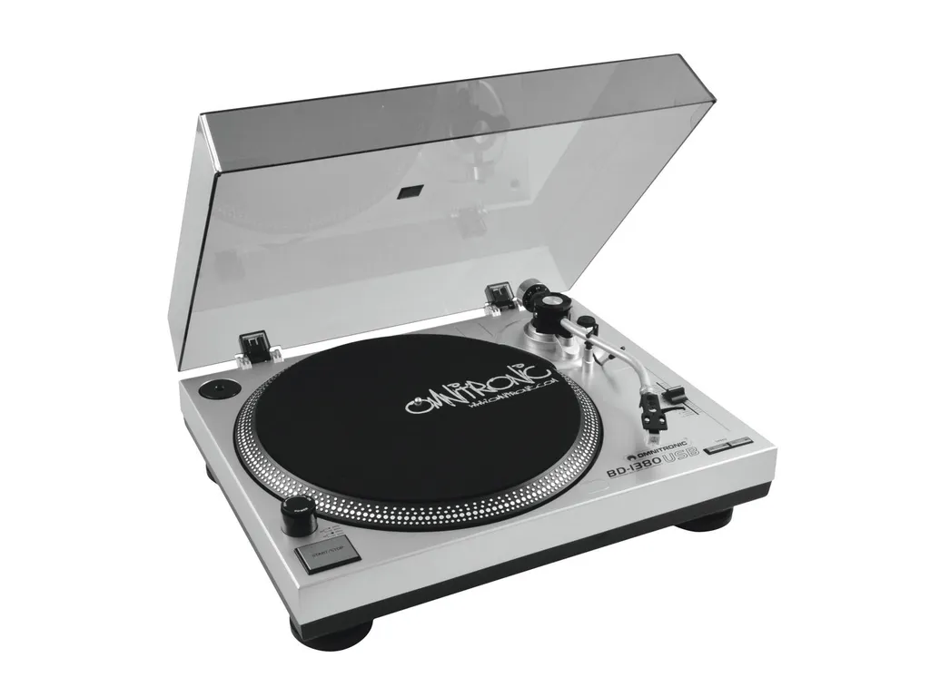Platine vinyle USB OMNITRONIC BD-1380 argent, préampli intégré et bras en S