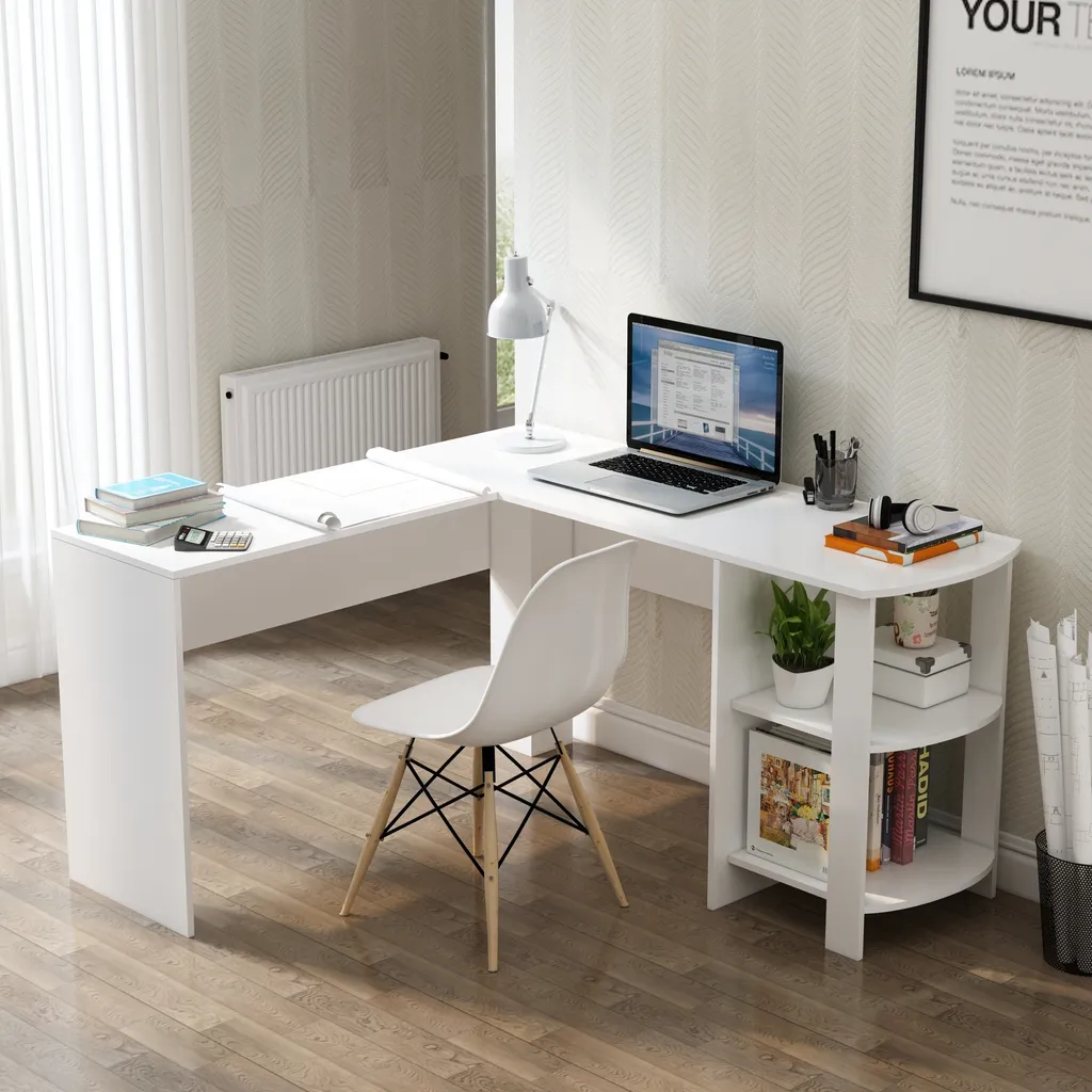 Mondeer Bureau d'angle en L avec 2 étagères arrondies Blanc pour PC