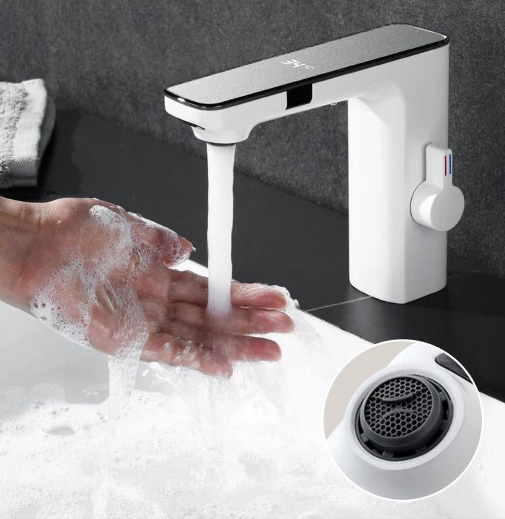 Sensor Waschbecken Wasserhahn mit Digitalanzeige und weißer Farbe