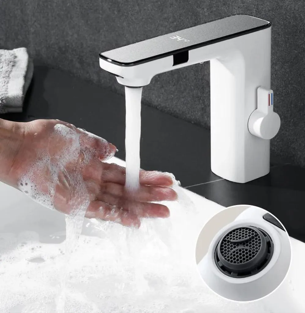 Robinet de lavabo électronique blanc pour économie d'eau et hygiène LED