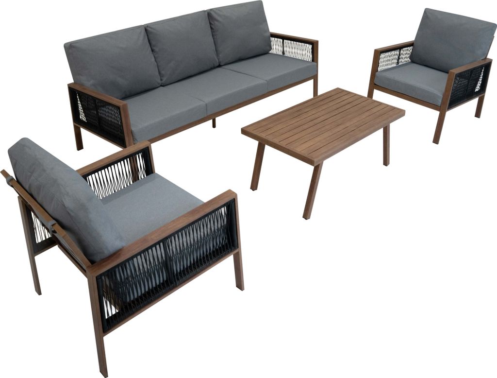 Gartenmöbel Set 4-teilig Braun mit Rattan Aufbewahrungsbox Schwarz – 3-Sitzer Sofa, 2 Armlehnsessel, Couchtisch, Kissen, 582L Gasdruckdeckel, Tr...