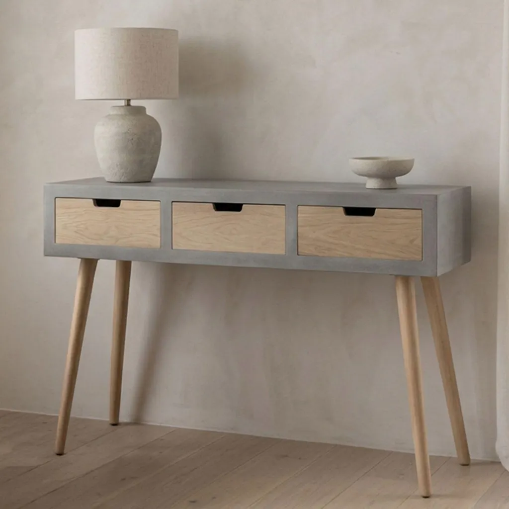 Console 3 tiroirs Tatum Gris et bois - Meuble scandinave robuste 110cm