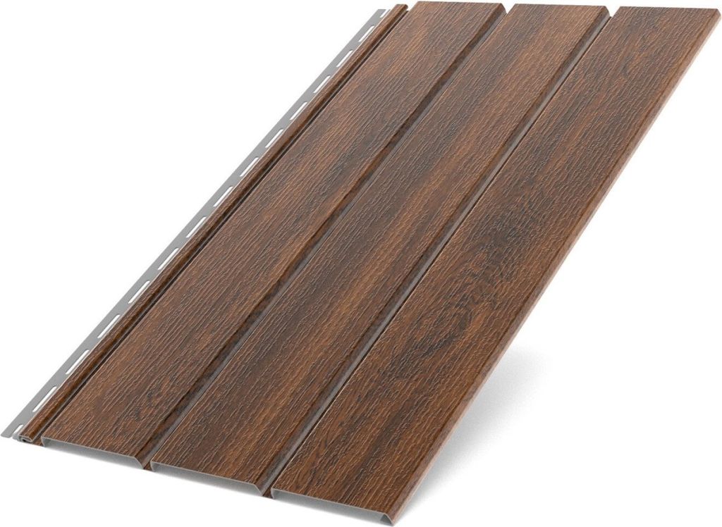 A close-up, angled view of a section of wood-look siding panels against a white background.