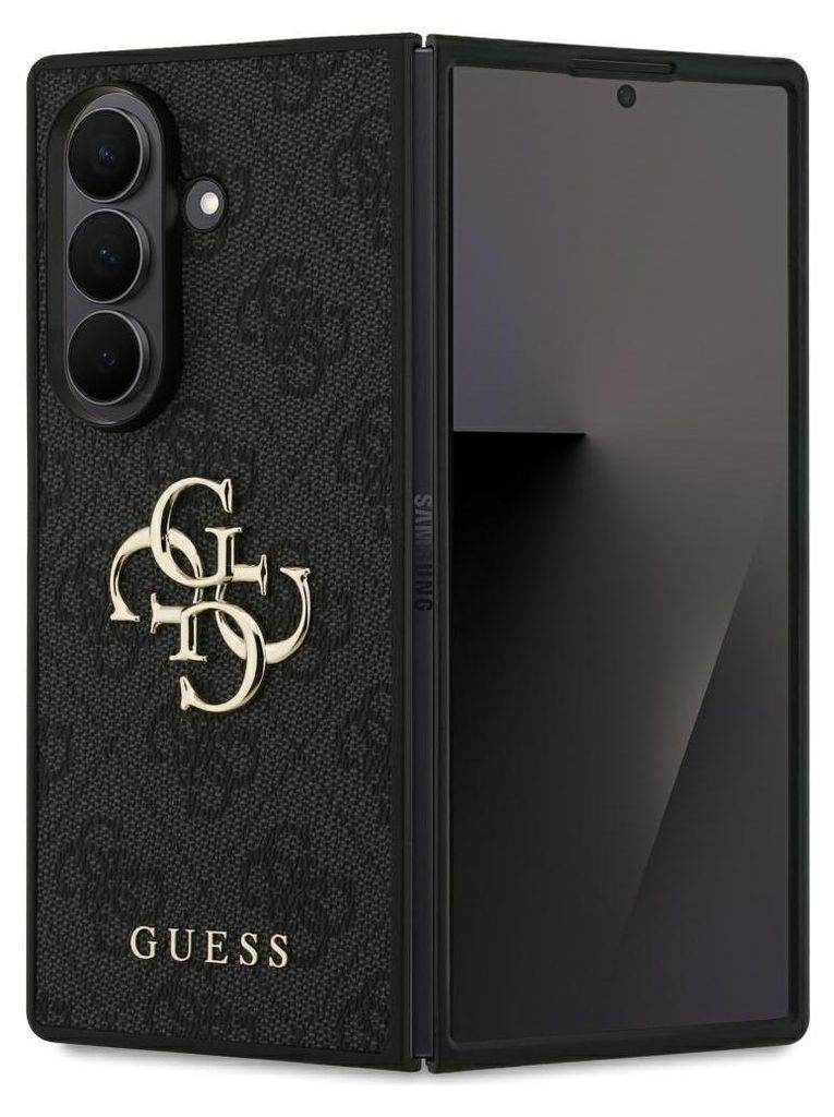 A black GUESS branded case for a SAMSUNG Z Fold7 phone, shown open.