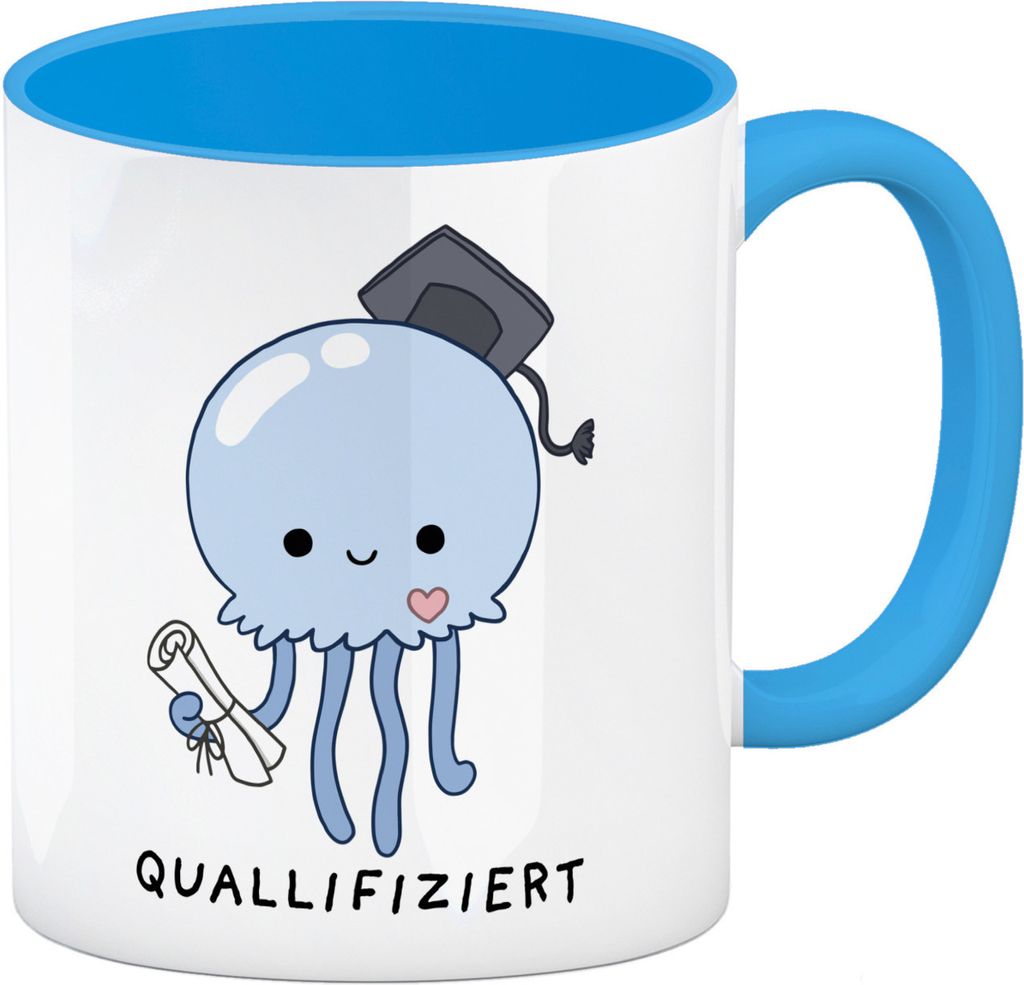 Jelly & Friends Qualle Kaffeebecher in hellblau mit Spruch Quallifiziert