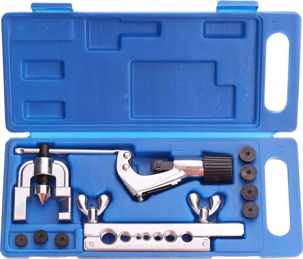 A tool kit for flaring brake lines, laid out in a blue plastic case.