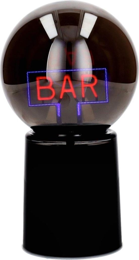 A black base supports a clear spherical globe containing a neon sign that spells "BAR" in red letters with a blue border.