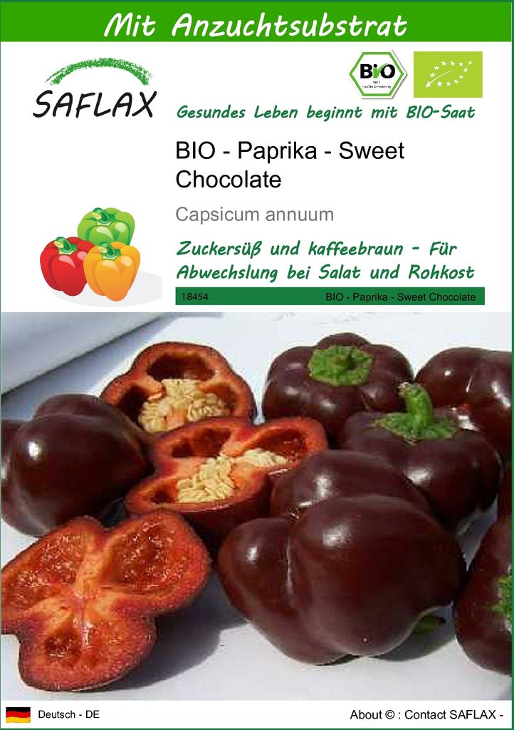 SAFLAX - BIO - Paprika - Sweet Chocolate - 10 Samen - Mit keimfreiem Anzuchtsubstrat - Capsicum annuum