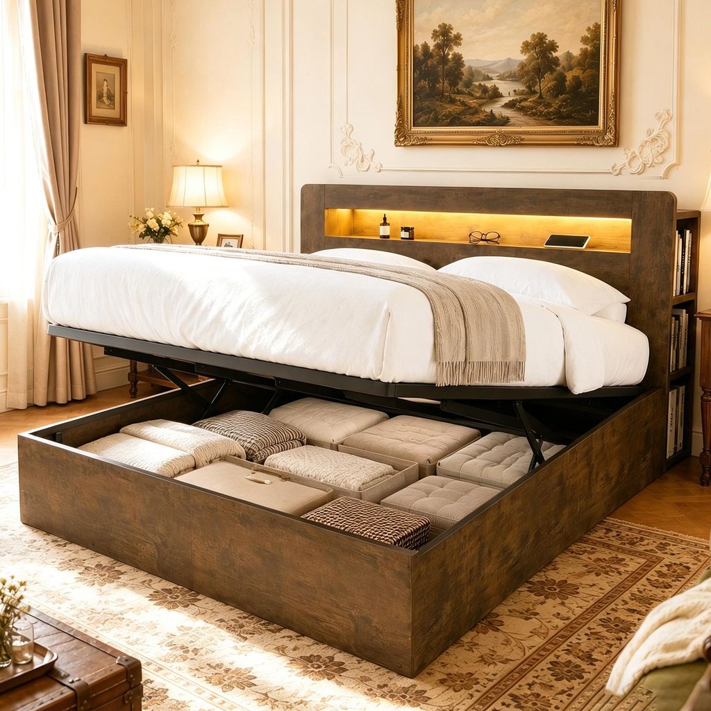 MODFU Doppelbett 180 x 200,Hydraulisches Stauraumbett,Jugendbett mit LED-Kopfteil,Steckdosen,Staufächern,ohne Matratze,Holzfarbe