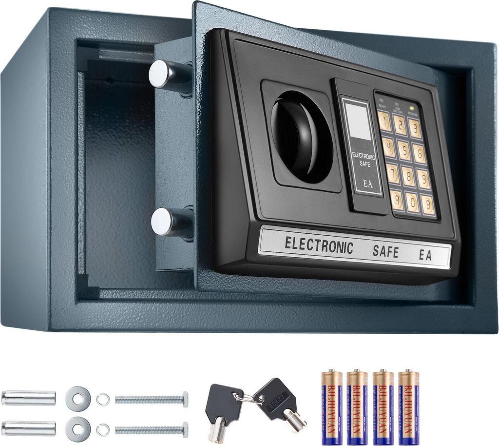 An open electronic safe with accessories shown below.