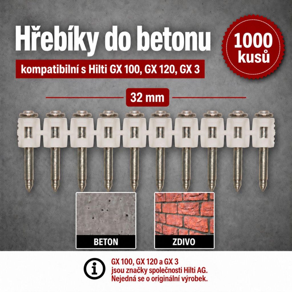 Betonnen spijkers, 32 mm, 1000 stuks, geschikt voor Hilti Productafbeelding 