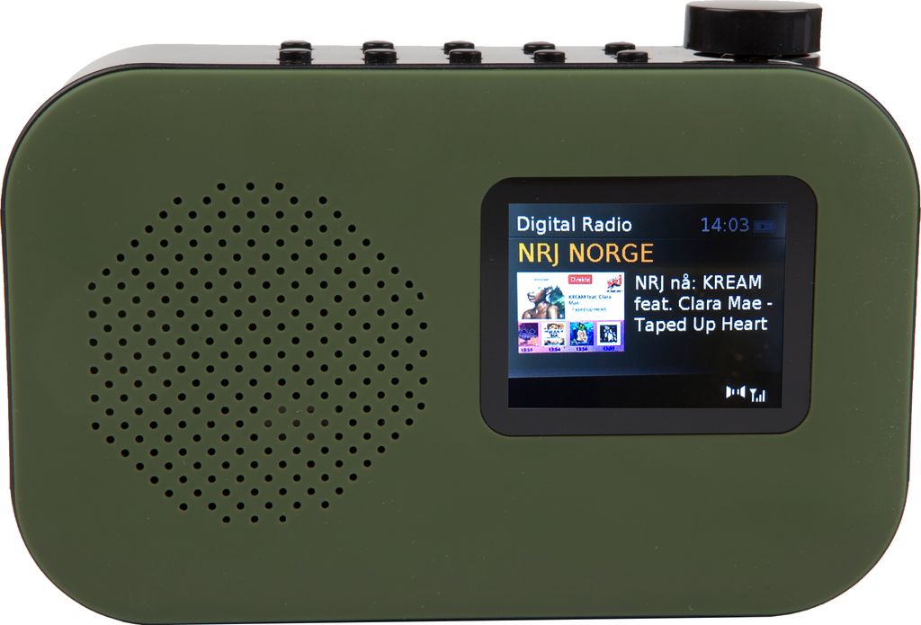 A digital radio with a screen displaying song information.