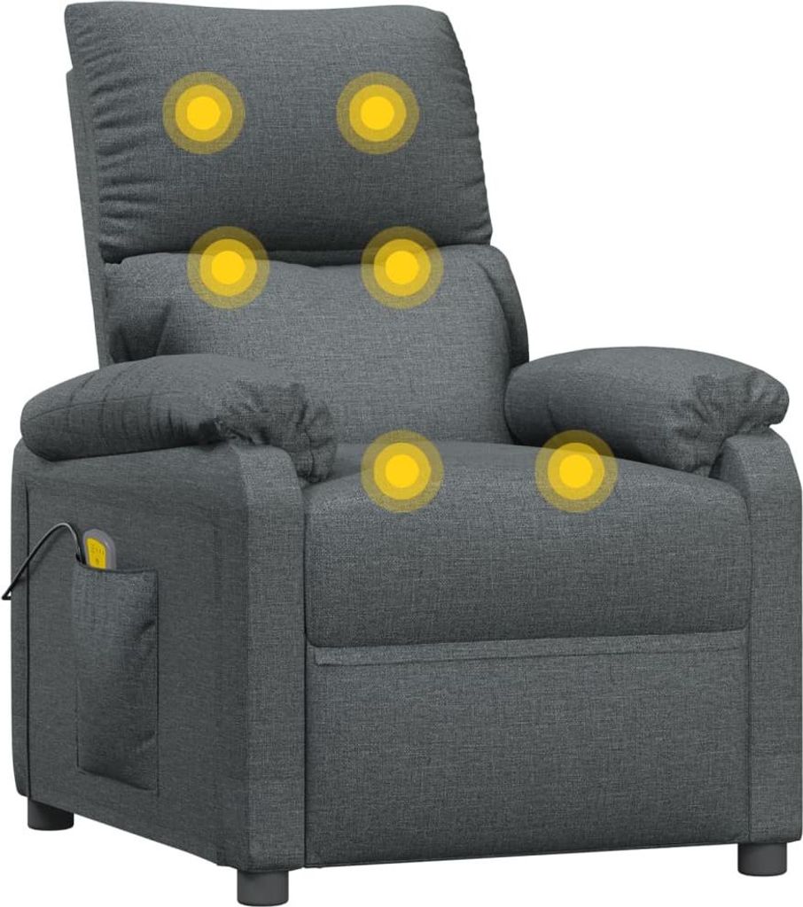 A dark gray fabric massage chair with yellow circles indicating massage points.