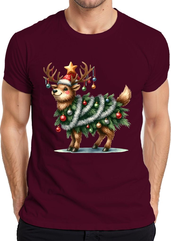 Rentier Weihnachtsbaum Lametta Kugeln Stern lustig Weihnachten Herren T-Shirt, Burgundy, XXL