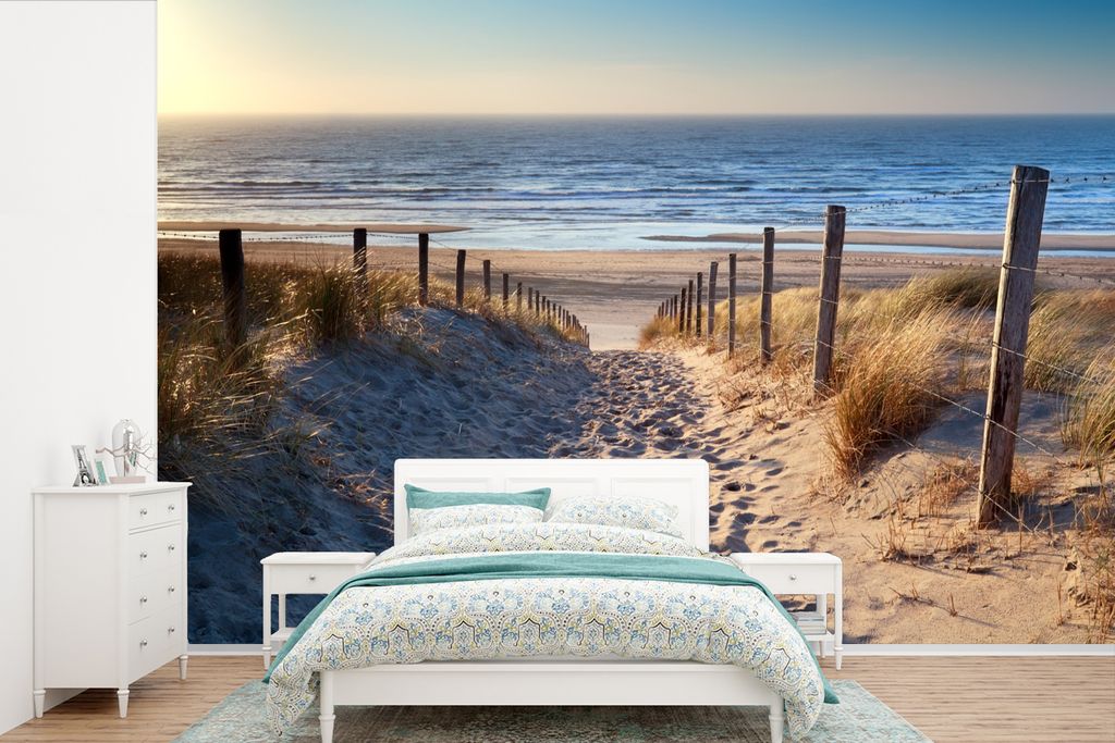 MuchoWow Fototapete für Wohnzimmer oder Schlafzimmer Wandtapete Vinyl Motivtapete Strand - Meer - Niederlande - Dünen - Sonne - 390x260 cm - Pa...