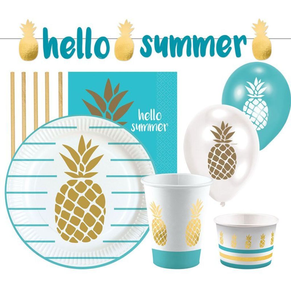 Amscan Partyset Ananas 63-teilig mit Tellern, Eisbechern, Servietten und Girlande