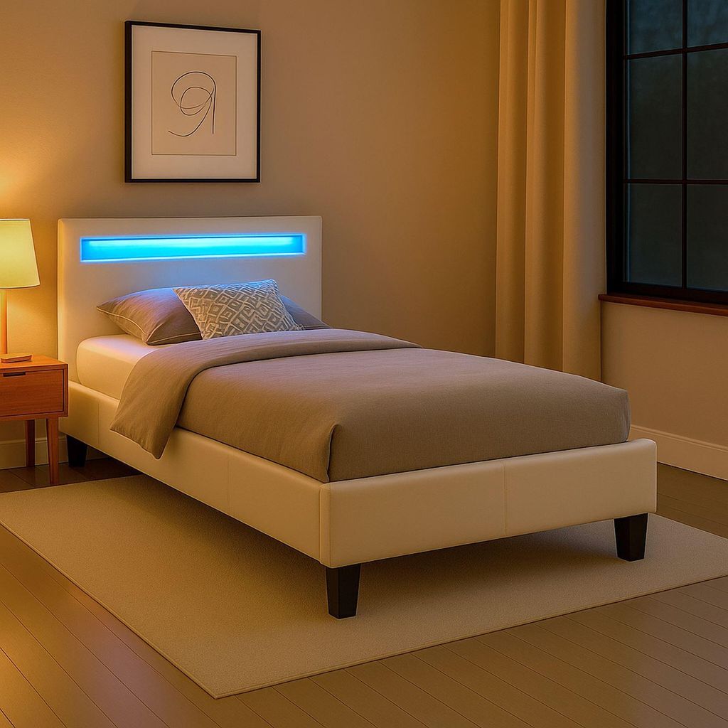 Polsterbett MANDALAY mit LED Beleuchtung Einzelbett Lederbett 90 x 200 cm mit Lattenrahmen, Kunstleder in weiß