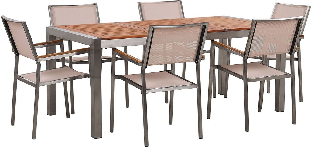 BELIANI Gartenmöbel Set Eukalyptusholz Edelstahl Tisch 180 cm 6 Stühle Beige Terrasse Outdoor Modern Garten Terrasse