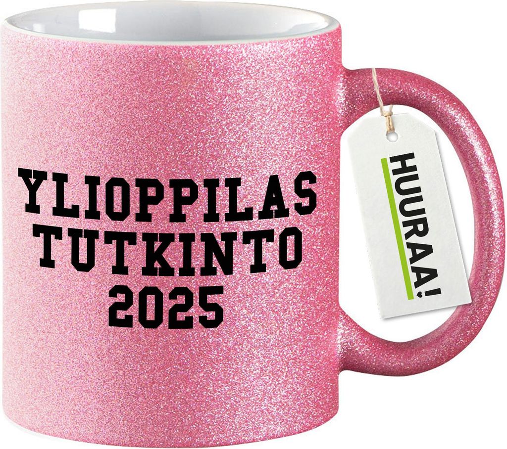Huuraa Glitzertasse Ylioppilastutkinto 2025 Abschluss Finnland 330ml Pink Keramik Kaffeebecher Geschenkidee