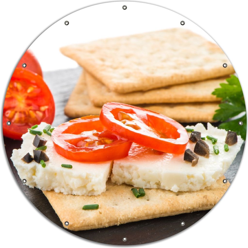 Wallario rundes Outdoor-Poster für Garten oder Balkon, Motiv Frisches Knäckebrot mit Tomaten und Käse, 120 cm Durchmesser