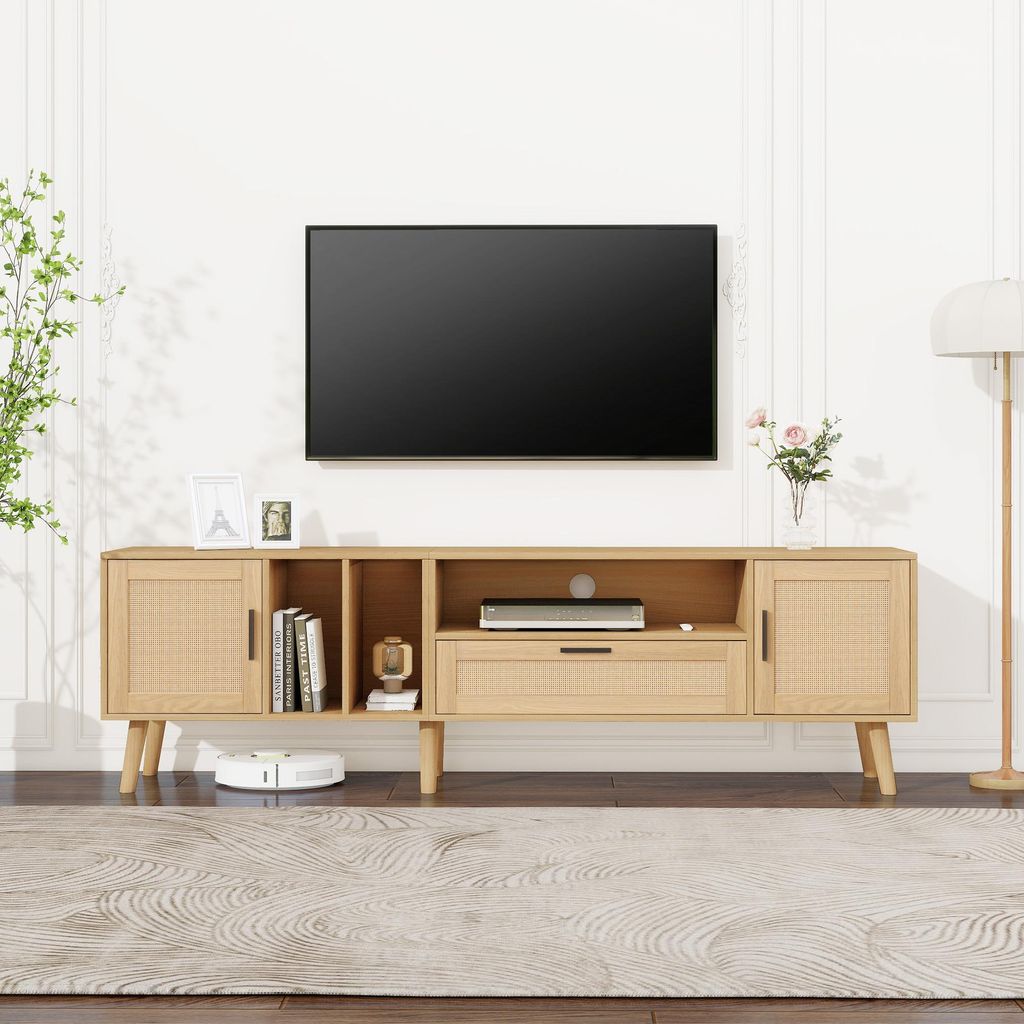 Sweiko Przestronna szafka pod telewizor 180 cm z rattanową Zdjęcie produktu 