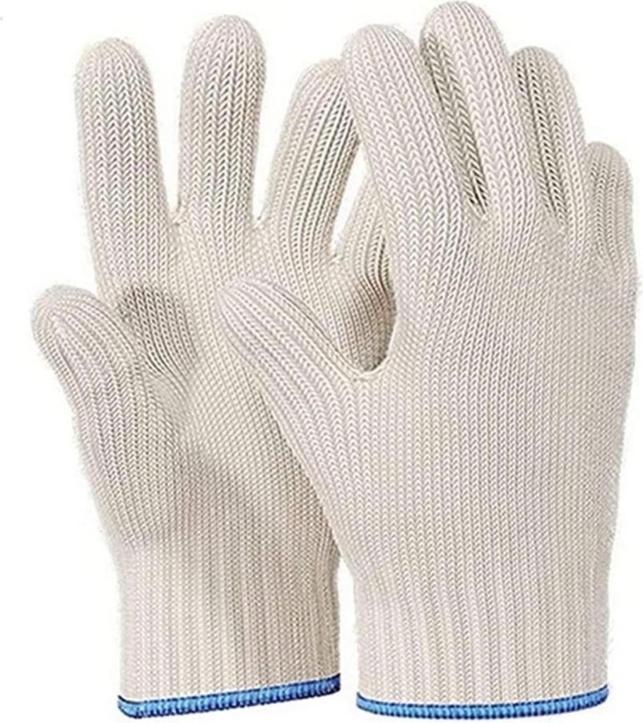 A pair of white knitted gloves with blue trim at the cuffs.