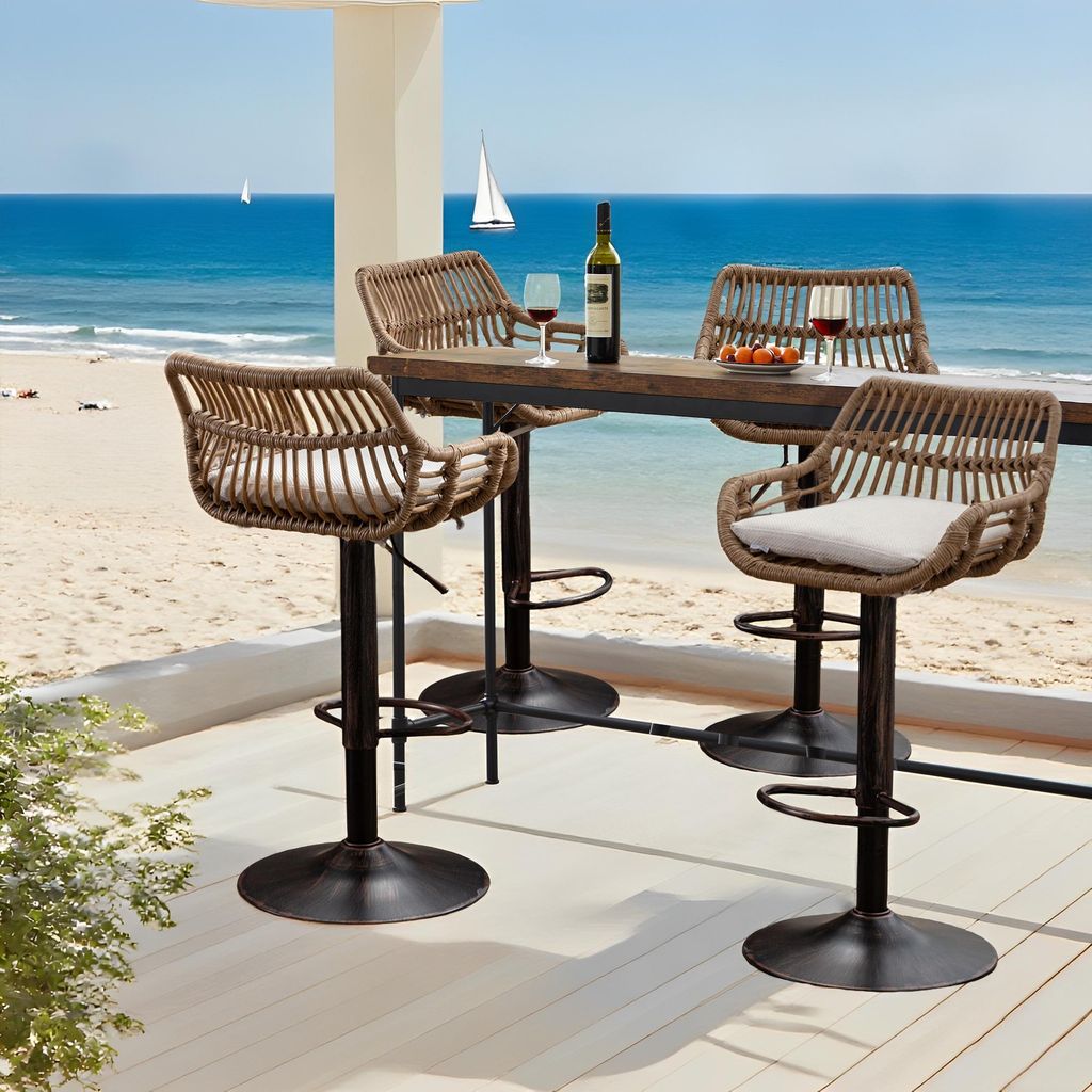 LVHOM 4er Set Barhocker Rattan mit Metallsockel, Barstuhl mit Rückenlehne, Gartenmöbel Balkonmöbel, höhenverstellbar Hocker 360° drehbar, Beige