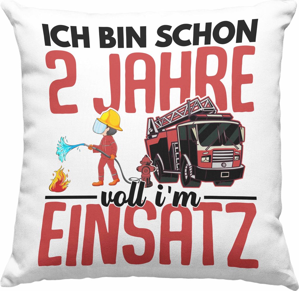 Trendation - 2. Geburtstag Geschenk Jungs Feuerwehr Deko-Kissen mit Füllung 40x40 Geschenke Zubehör Lustig Kinder Geburtstag Spruch Ich Bin 2 (Blau)