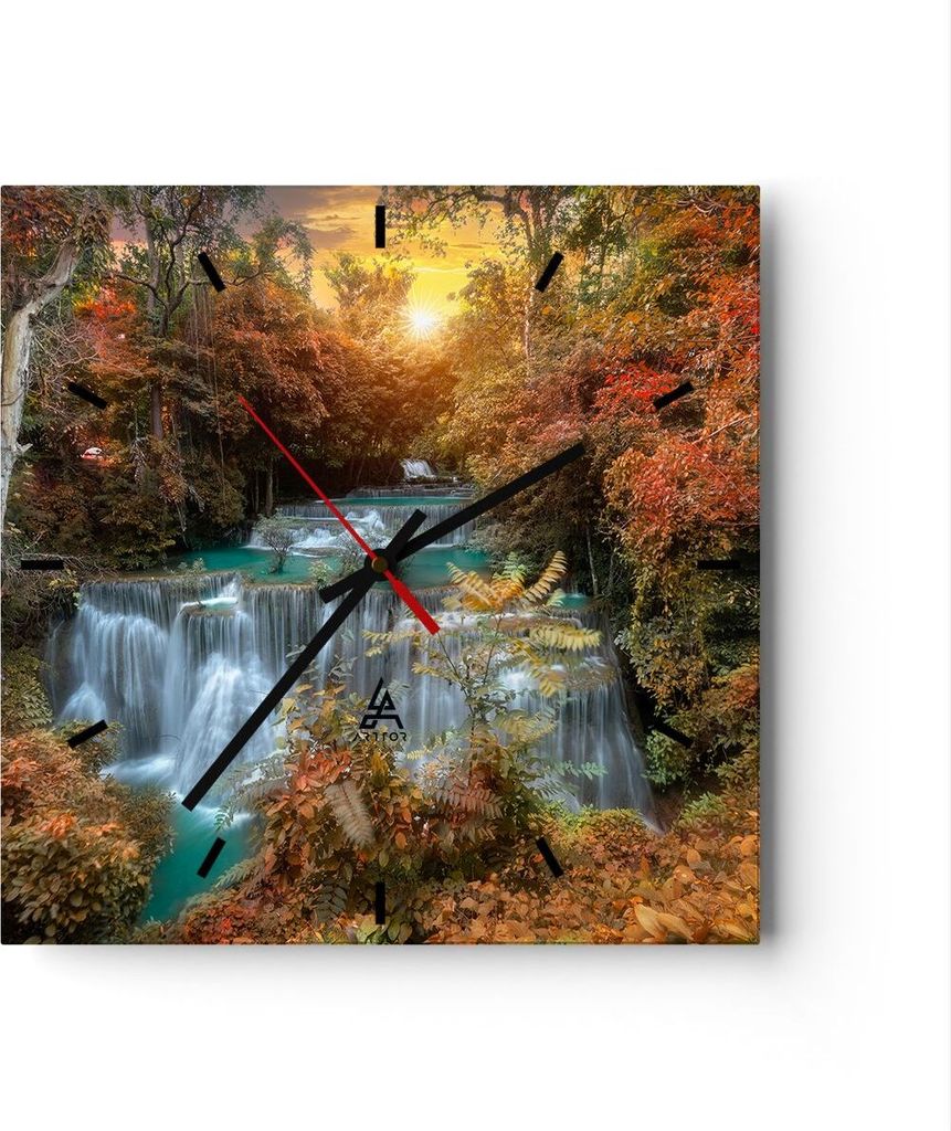 Wanduhr - Quadrat - Glasuhr - Park Wasserfall Wasser - 40x40cm - Schleichendes Uhrwerk - Lautlos - zum Aufhängen bereit - Dekoration Modern - Wand...