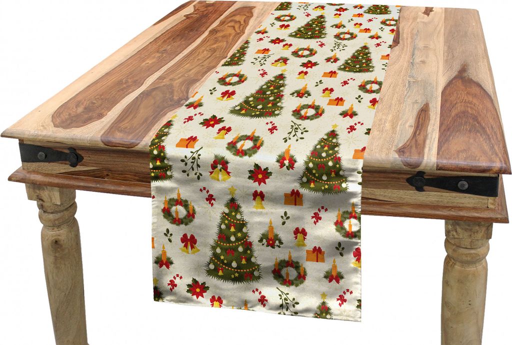 ABAKUHAUS Weihnachten Tischläufer, Cartoon Bäume Glocken, Esszimmer Küche Rechteckiger Dekorativer Tischläufer, 40 x 300 cm, Mehrfarbig
