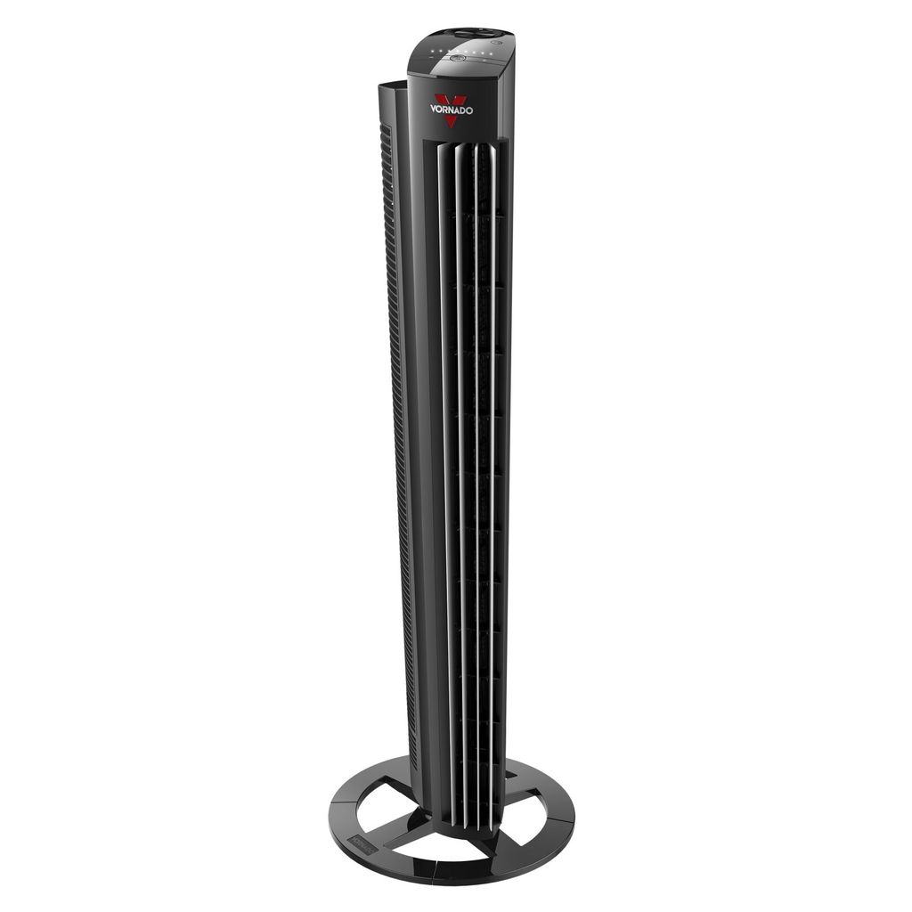 A black tower fan is shown against a white background.