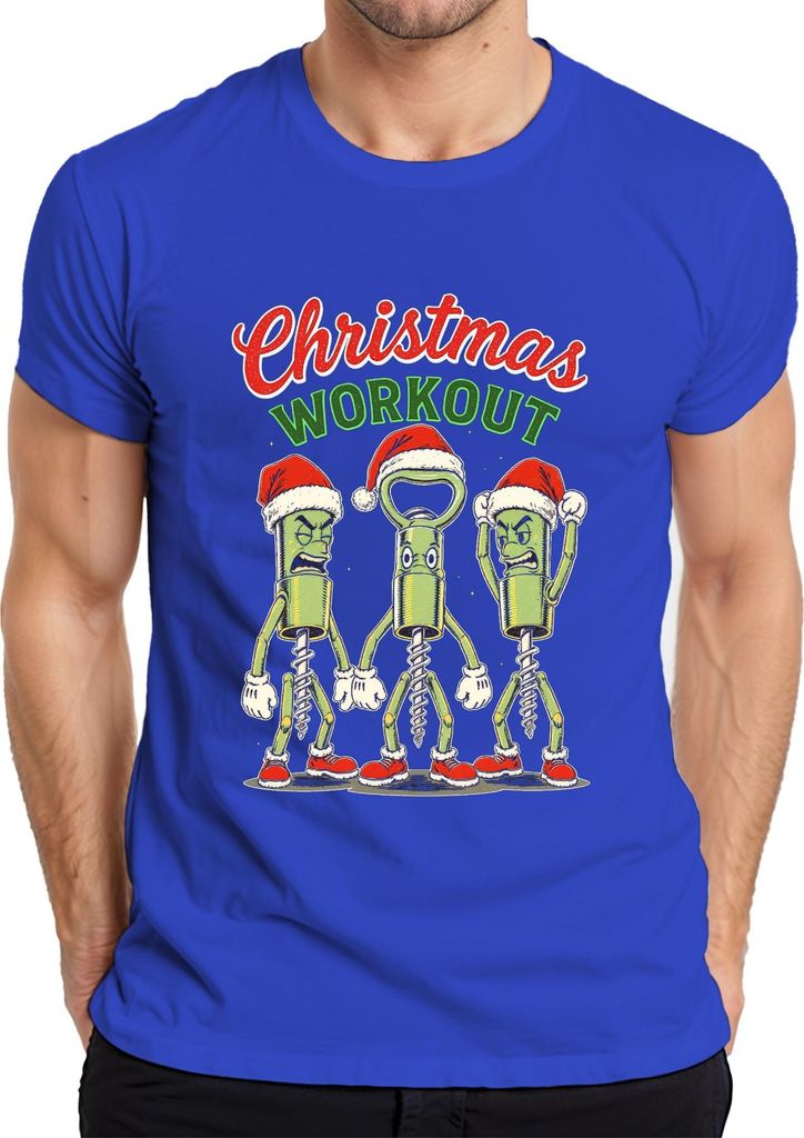 Christmas Workout Korkenzieher Flaschenöffner Wein Weihnachten Herren T-Shirt, Blau, XL