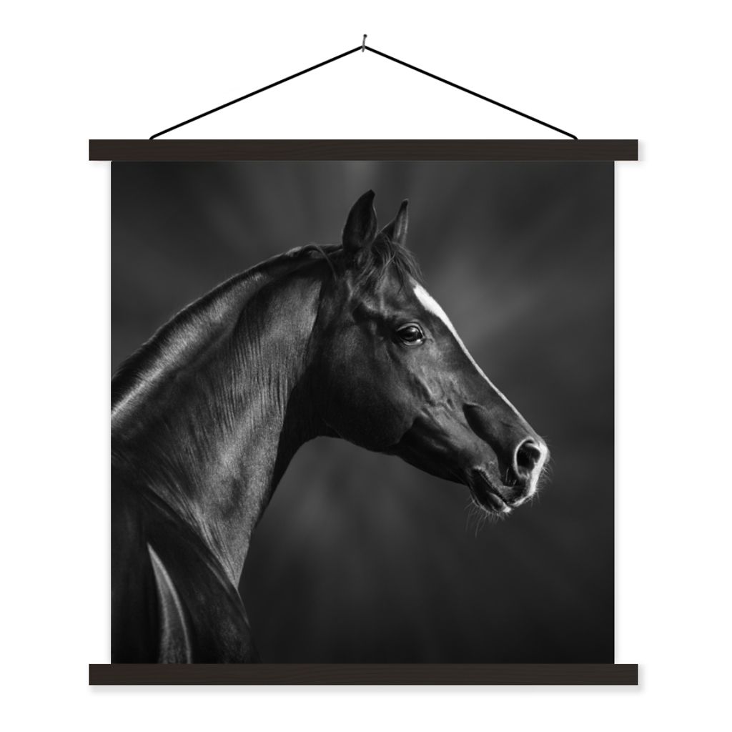 MuchoWow Textilposter Pferd - Tiere - Schwarz - Weiß - Porträt 120x120 cm mit schwarzem Rahmen - Aufhängungsset