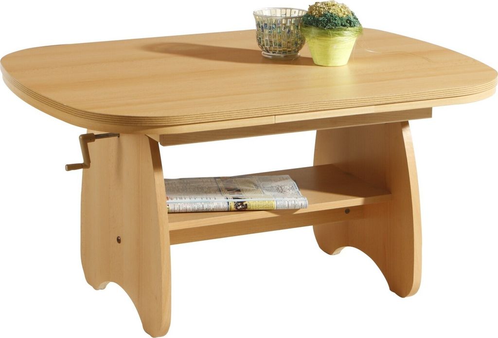 A light wood coffee table with a shelf and a crank mechanism on the side.