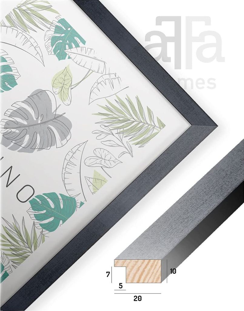 A framed picture with a botanical print and a close-up of the frame's profile with dimensions.