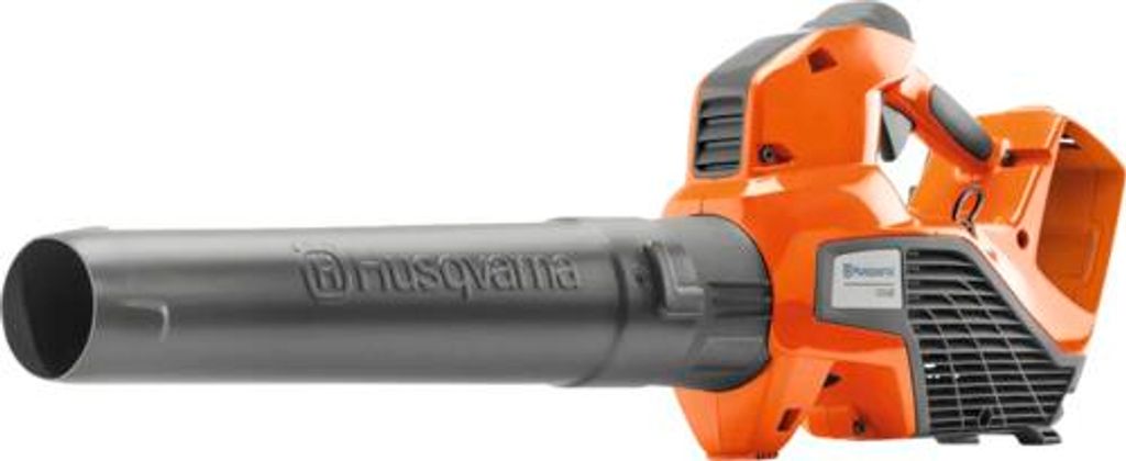 A studio shot of an orange and gray leaf blower against a white background.