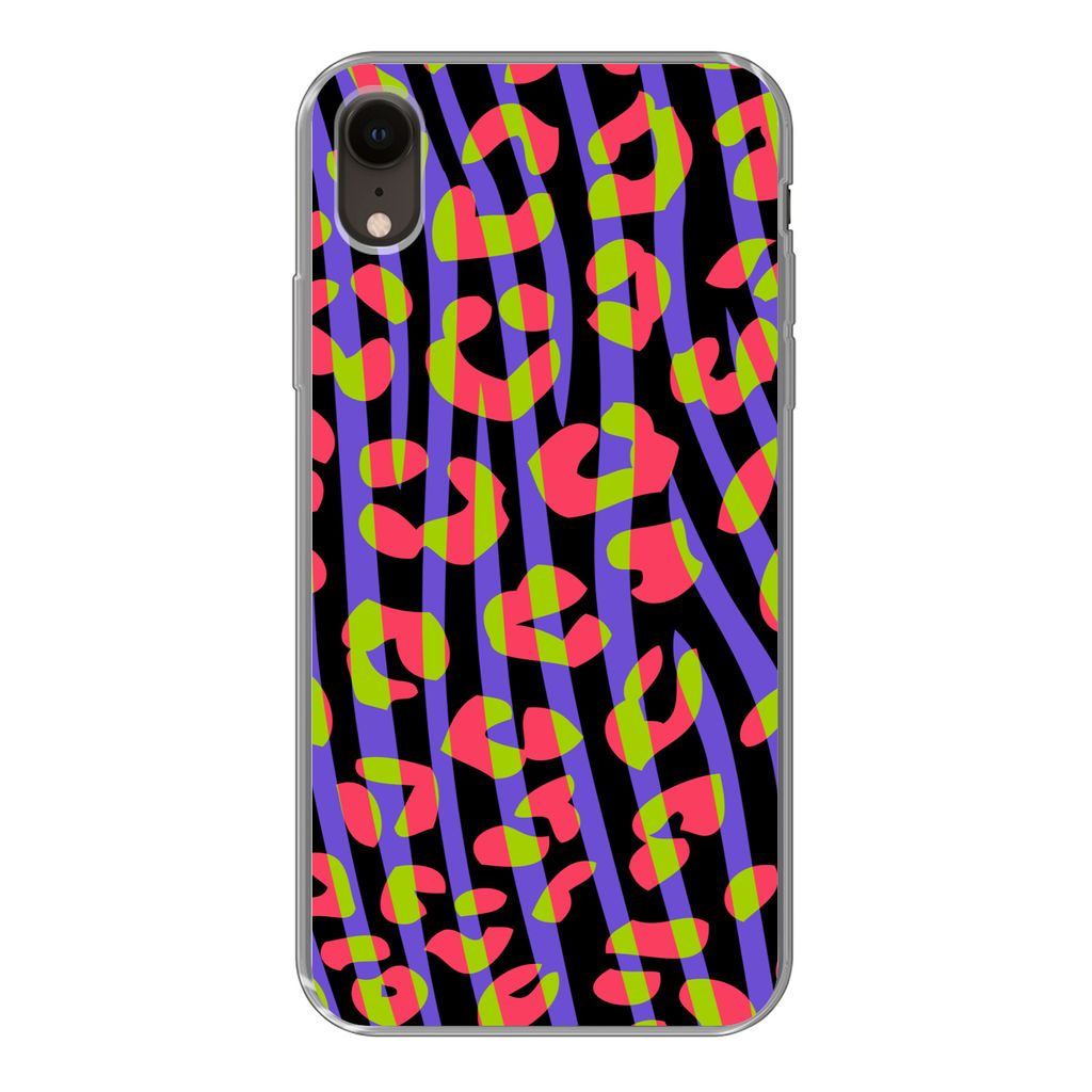 MuchoWow Handyhülle Schutzhülle Hülle für iPhone XR Pantherdruck - Zebra - Neon Silikon Softcase Handy Hülle - Schutzdeckel