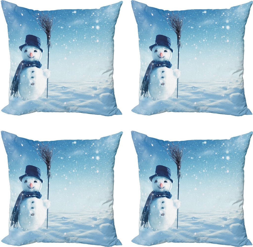 ABAKUHAUS Schneemann Kissenbezug Set (4 Stück), Winterliche Land Snowy Kälte, Moderner Doppelseitiger Digitaldruck, 45 cm x 45 cm, Blassblau Dunk...