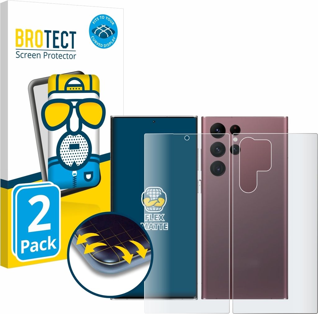 2x BROTECT Fullscreen Schutzfolie für Samsung Galaxy S22 Ultra 5G (Display+Rückseite) Displayschutz Folie Fullcover Matt Entspiegelungsfolie