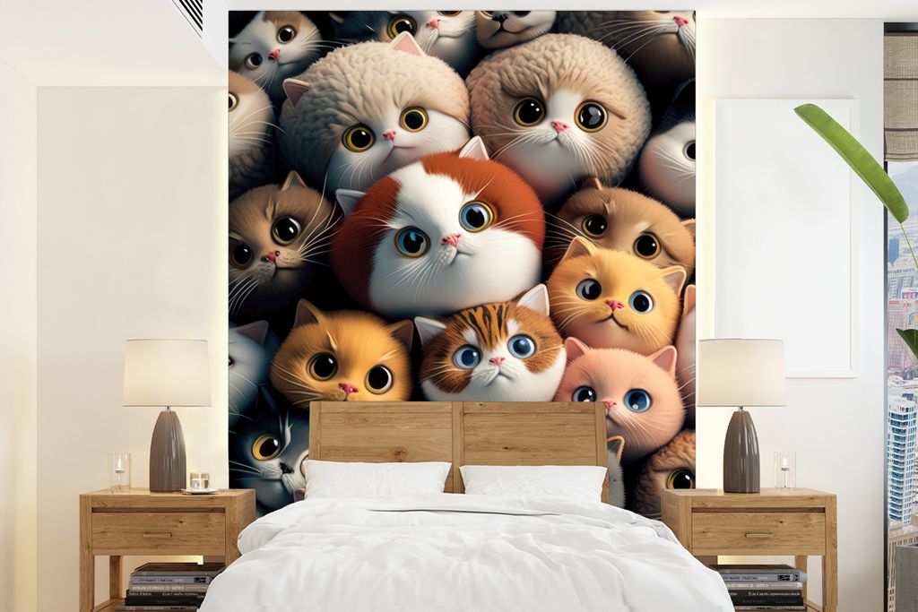 MuchoWow Fototapete für Wohnzimmer oder Schlafzimmer Wandtapete Vinyl Motivtapete Katze - Design - Braun - Grau - Kinder - 165x220 cm - Wanddeko...