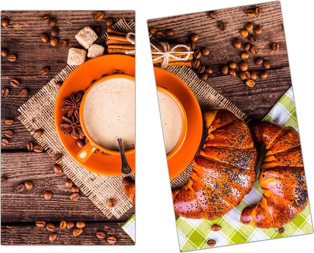 Spritzschutz Herdabdeckplatte Schneidebrett aus Glas Kaffee und Croissant 2-Teilig (60x52cm)