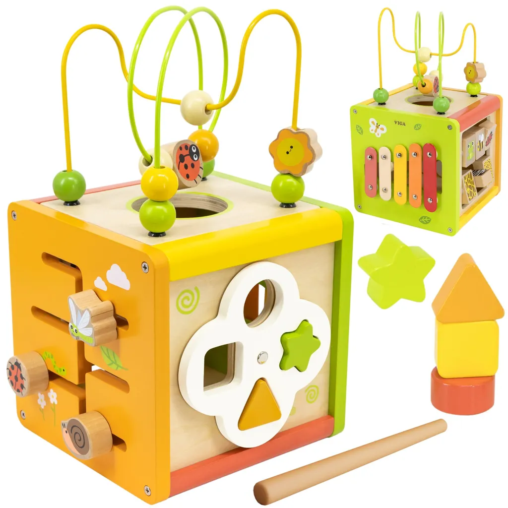 Jouet d'éveil premier âge : Cube multi-activités en bois 5 activités