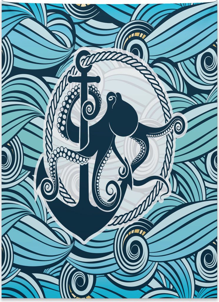 Abakuhaus Tintenfisch Wandteppich, Stilisierte Meereswellen aus Weiches Mikrofaser Stoff Kein Verblassen Klare Farben Waschbar, 110 x 150 cm, Mehrf...