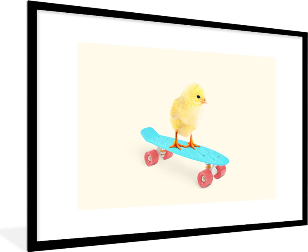 MuchoWow Gerahmtes Poster Küken - Gelb - Skateboard - Blau - Tiere 90x60 cm - Poster mit Schwarzem Bilderrahmen Wandposter Rahmen Foto Bilder - ...