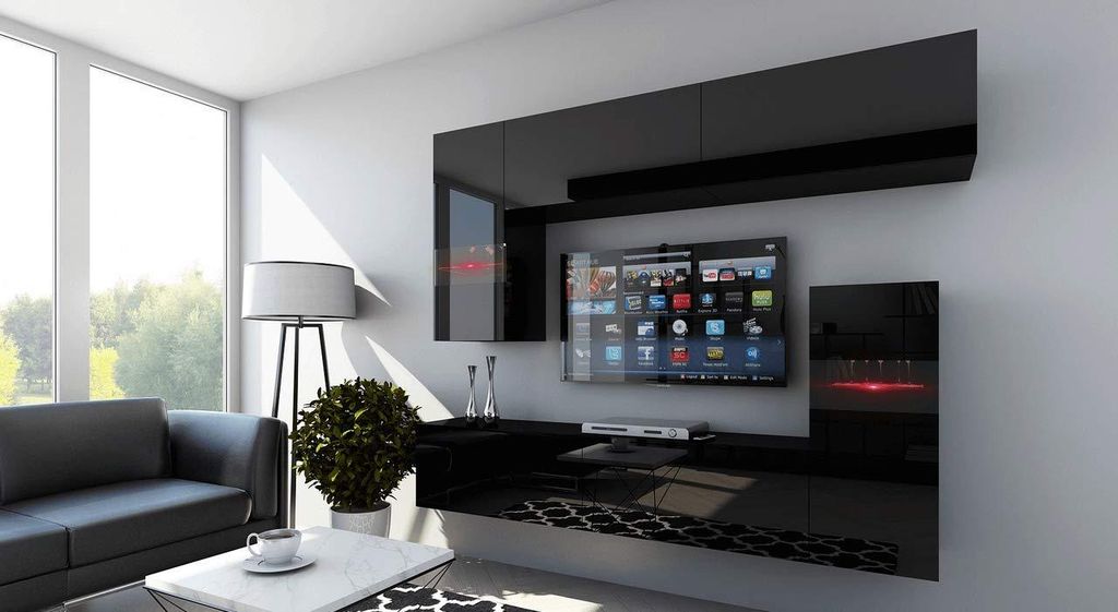 Furnitech Wohnwand Wohnzimmer - Wohnzimmer Möbel mit LED Blau - Hängend Wohnwand Modern - Regale und TV Schrank (Future C31/HG/B1 1B)