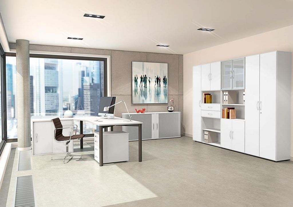 PC-Tisch, rechts, BxTxH 1600x800-1200x680-820 mm, höhenverstellbar, Platte weiß, Rundrohrgestell anthrazit