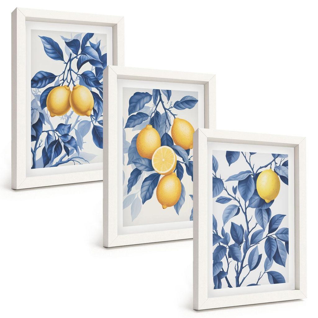 Bilder Set 3-teilig im weißen Rahmen – Wandbilder 3 Stück – gerahmte Poster für Wohnzimmer, Schlafzimmer und Flur – 20x30 cm – Zitronenz...