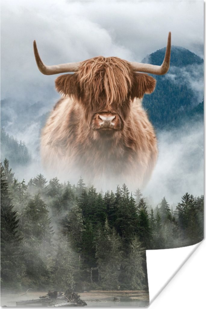 MuchoWow Poster Nebel - Schottische Hochlandrind - Berge 60x90 cm - Wanddekoration